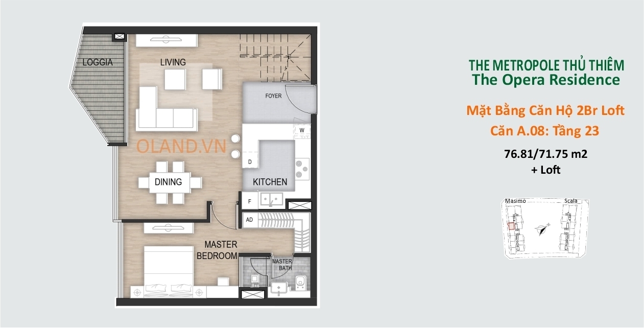 mặt bằng layout căn hộ 2 phòng ngủ loft dự án metropole opera căn a08