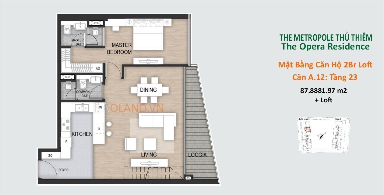 mặt bằng layout căn hộ 2 phòng ngủ loft dự án metropole opera căn a12