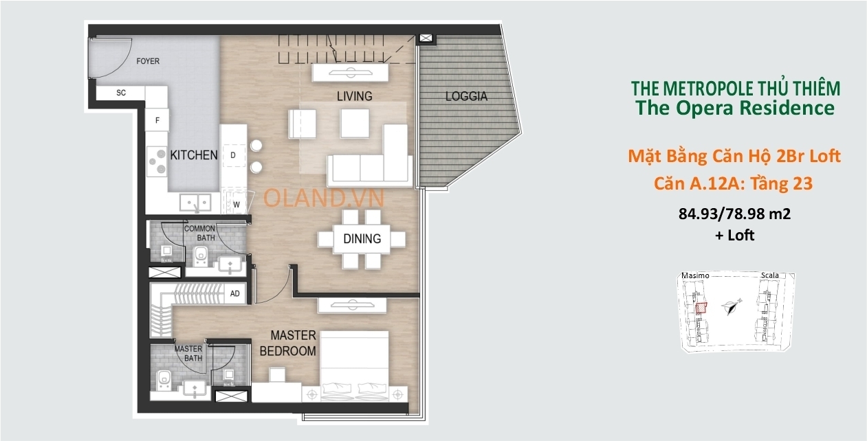 mặt bằng layout căn hộ 2 phòng ngủ loft dự án metropole opera căn a12a