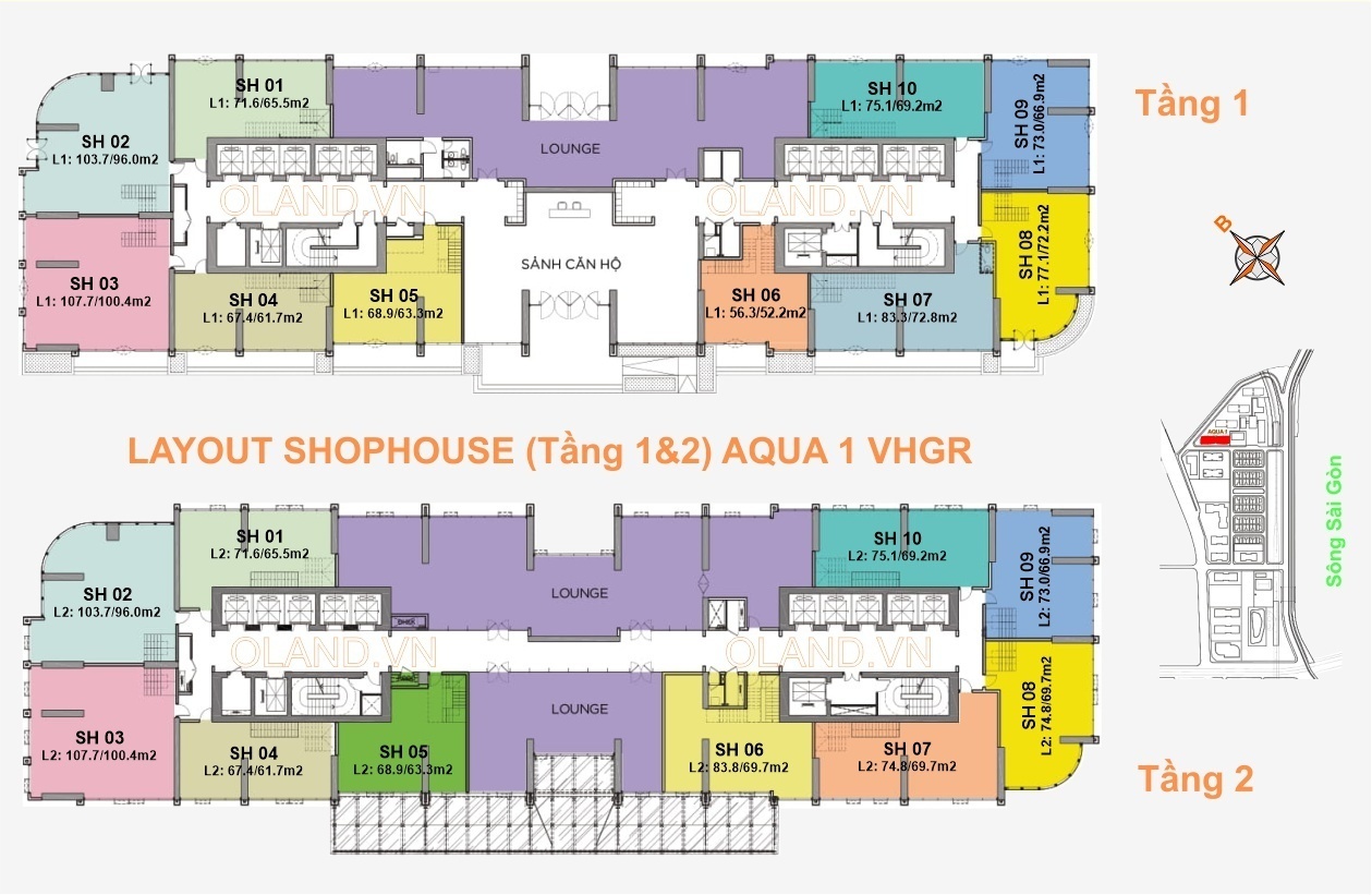 Mặt bằng (layout) shophouse Aqua 1 Vinhomes Golden River Bason