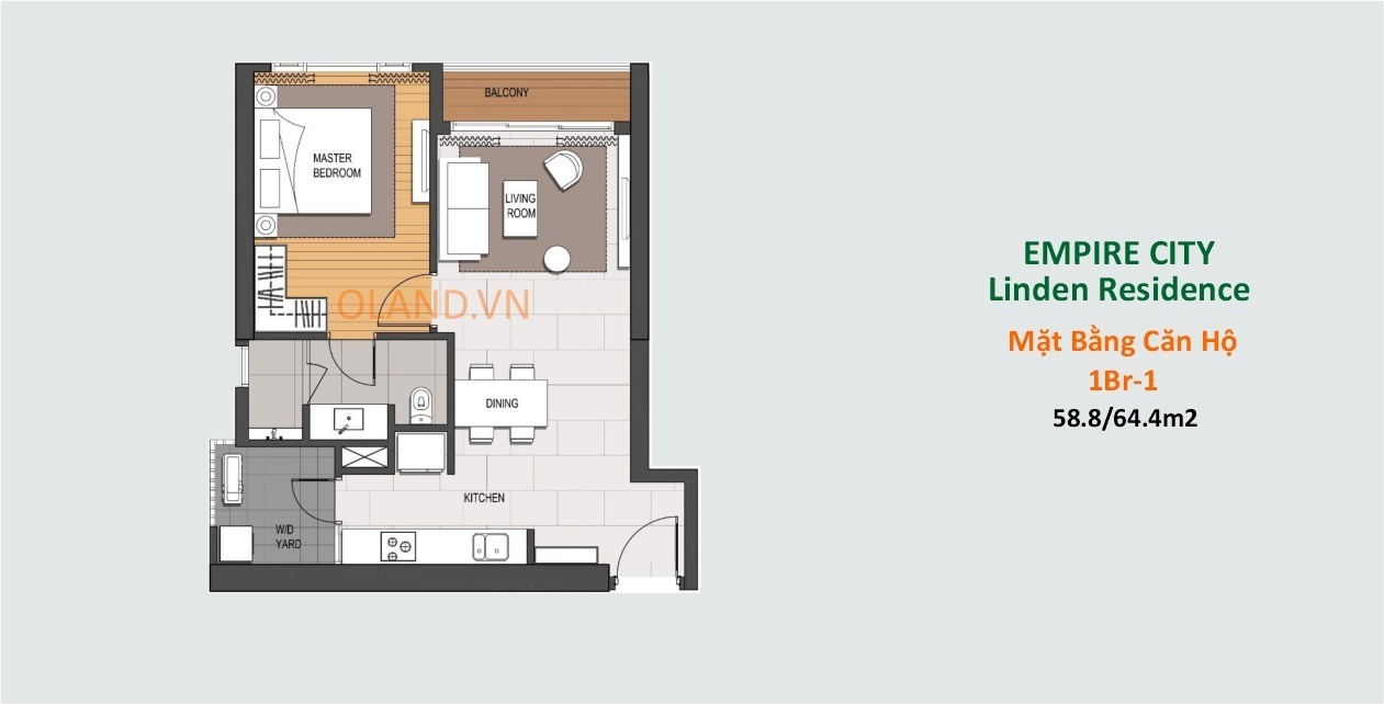 layout căn hộ 1 phòng ngủ dự án empire city thủ thiêm q2 mẫu 1