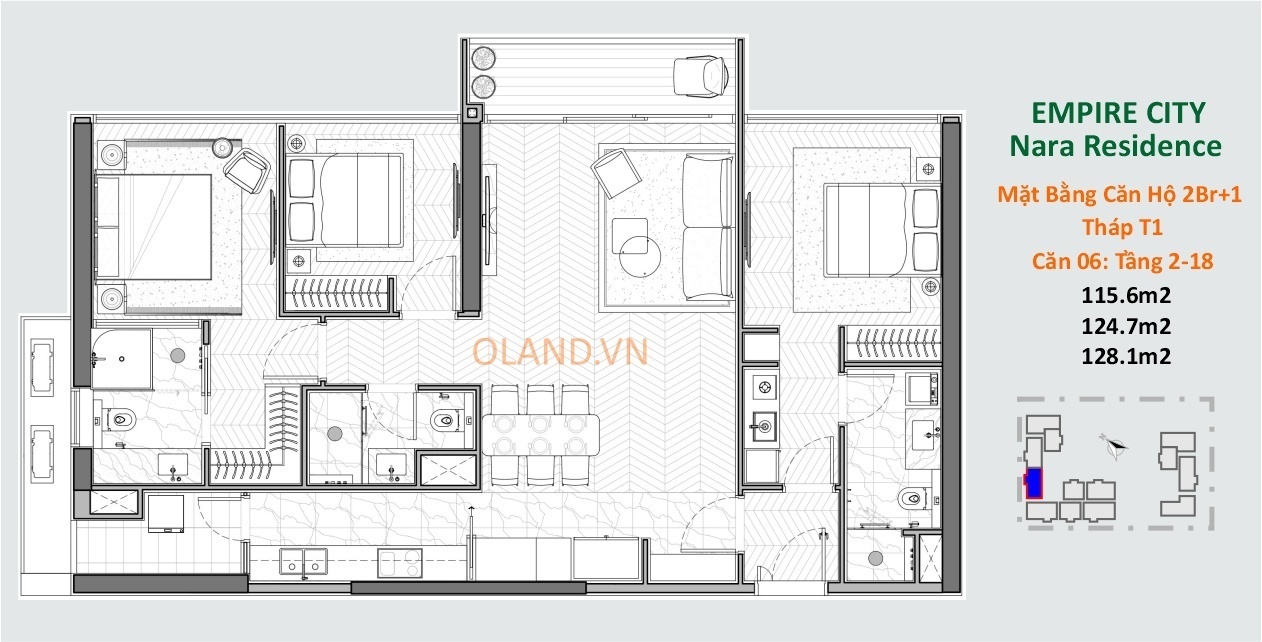 layout căn hộ 2 phòng ngủ cộng 1 nara residences thủ thiêm quận 2 tòa t1 căn 06