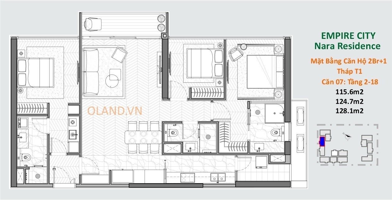 layout căn hộ 2 phòng ngủ cộng 1 nara residences thủ thiêm quận 2 tòa t1 căn 07