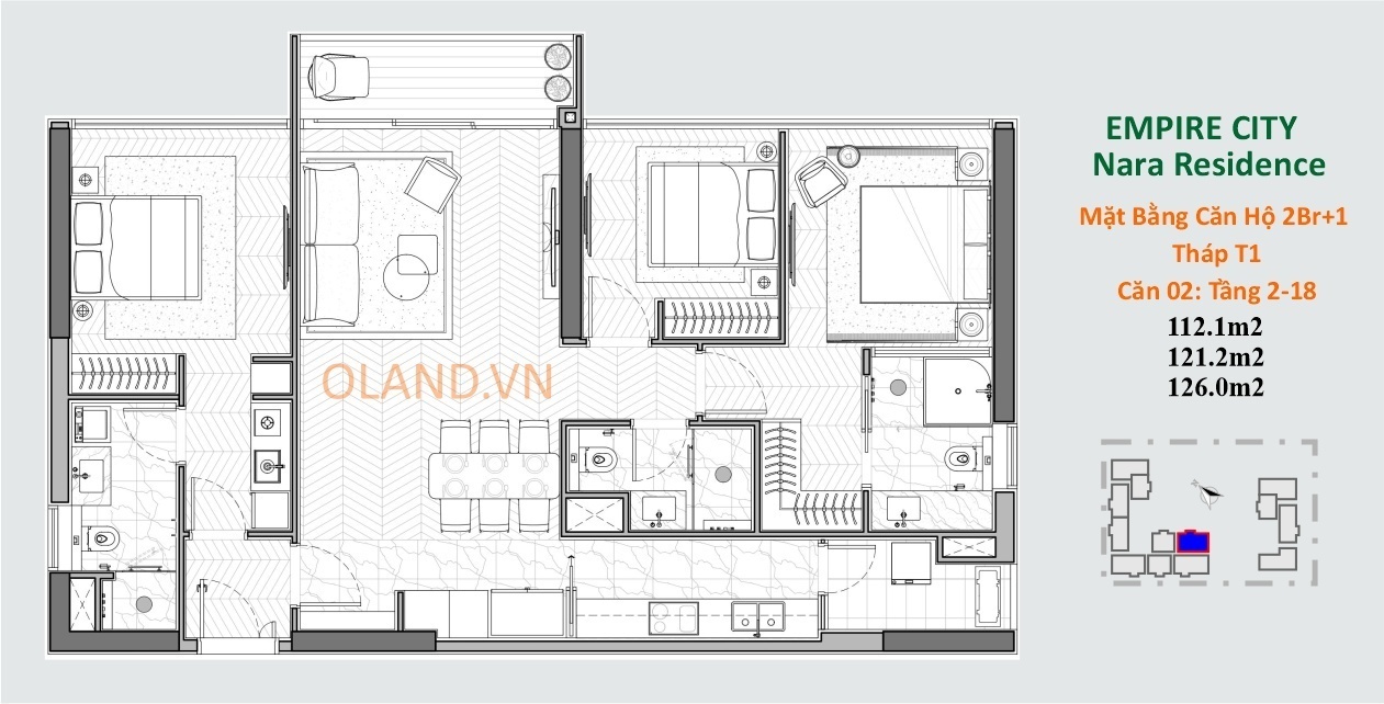 layout căn hộ 2 phòng ngủ cộng 1 nara residences thủ thiêm quận 2 tòa t2 căn 02