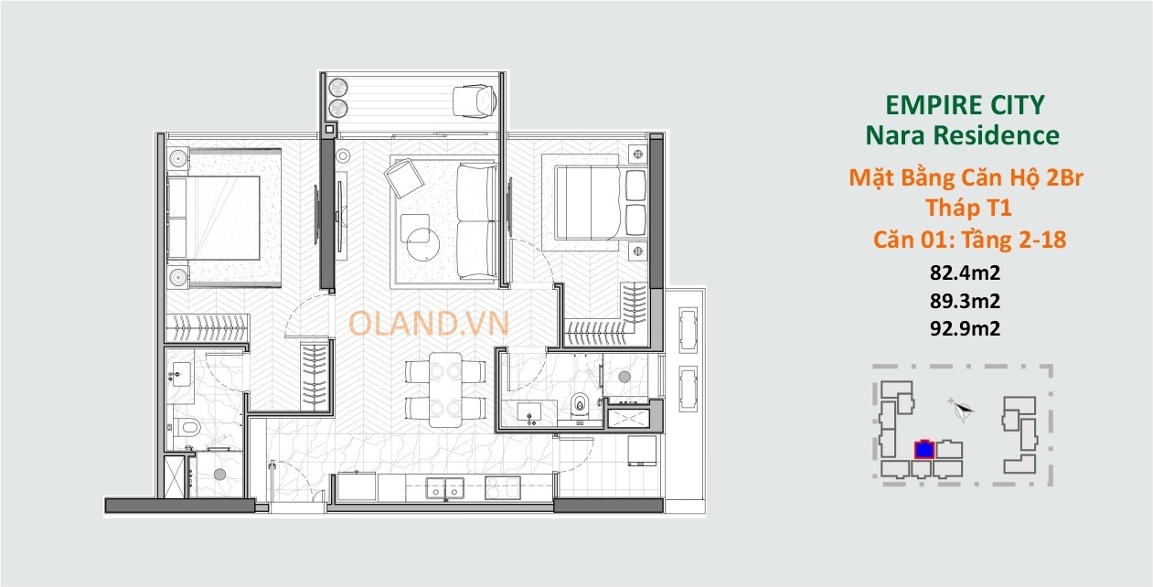 layout căn hộ 2 phòng ngủ narra residences thủ thiêm quận 2 tháp t1