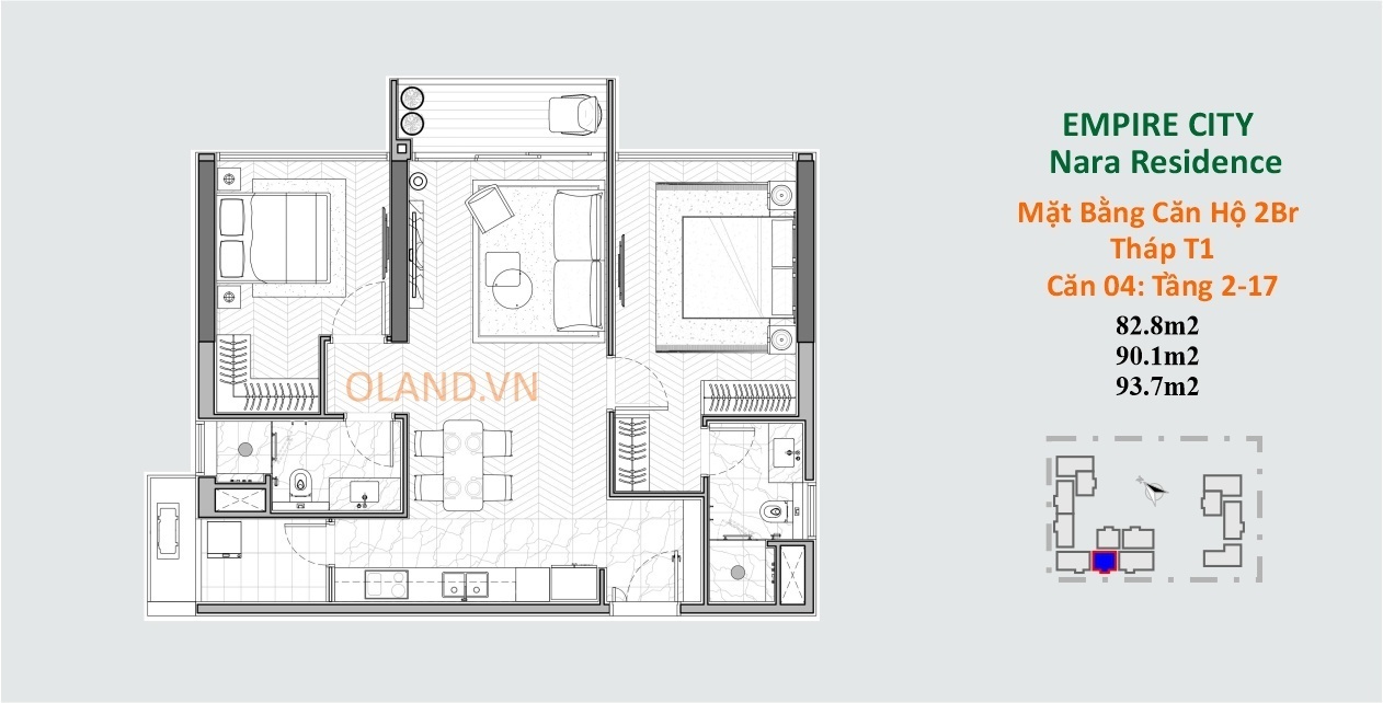 layout căn hộ 2 phòng ngủ narra residences thủ thiêm quận 2 tòa t1 căn 04