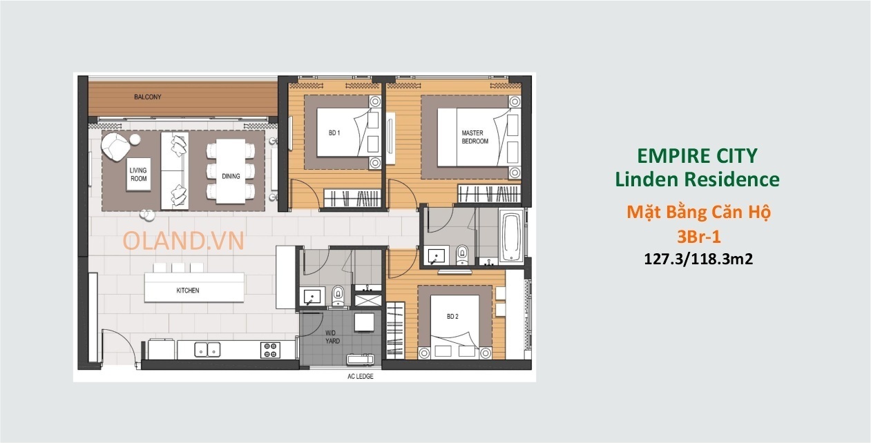 layout căn hộ 3 phòng ngủ linden residences dự án empire city thủ thiêm quận 2 mẫu 1