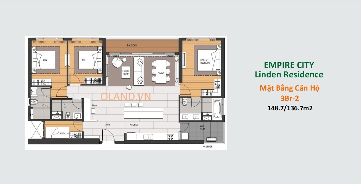 layout căn hộ 3 phòng ngủ linden residences dự án empire city thủ thiêm quận 2 mẫu 2