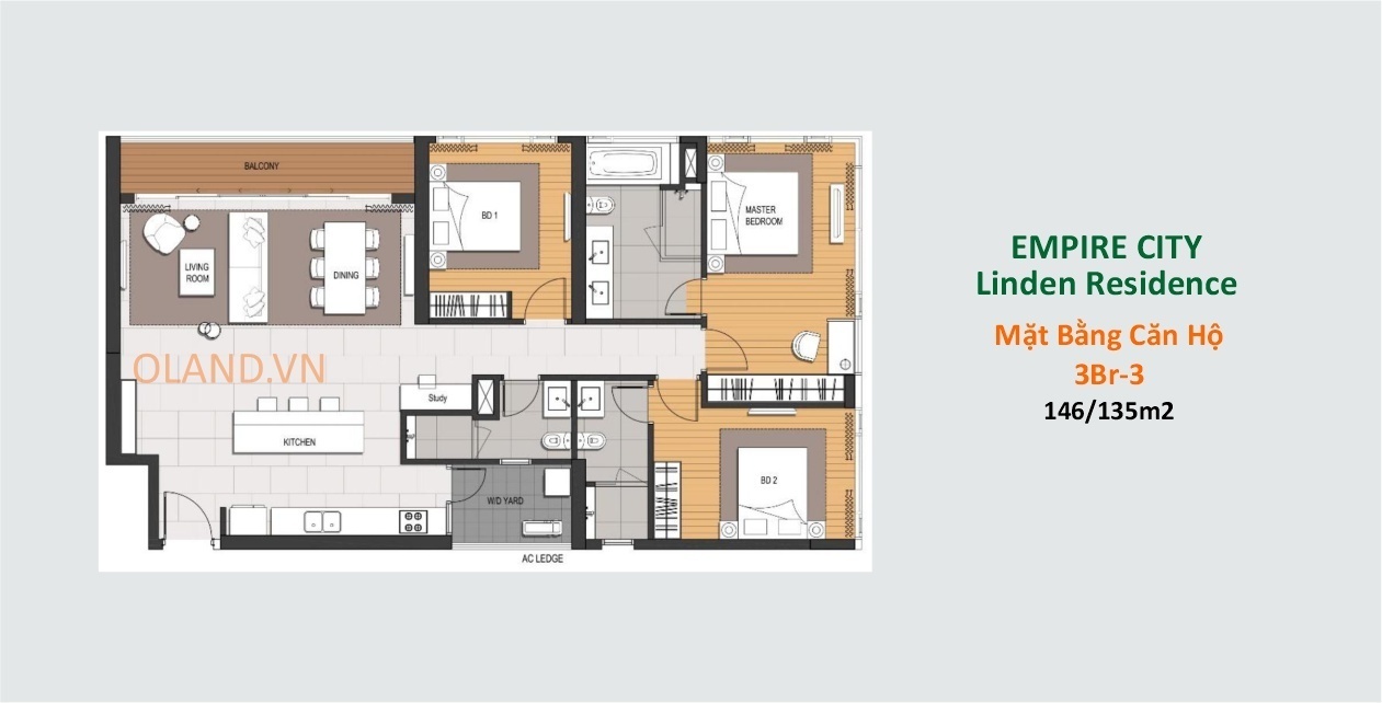 layout căn hộ 3 phòng ngủ linden residences dự án empire city thủ thiêm quận 2 mẫu 3