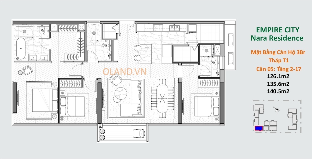 layout căn hộ 3 phòng ngủ nara residence thủ thiêm q2 tòa t1 căn 05