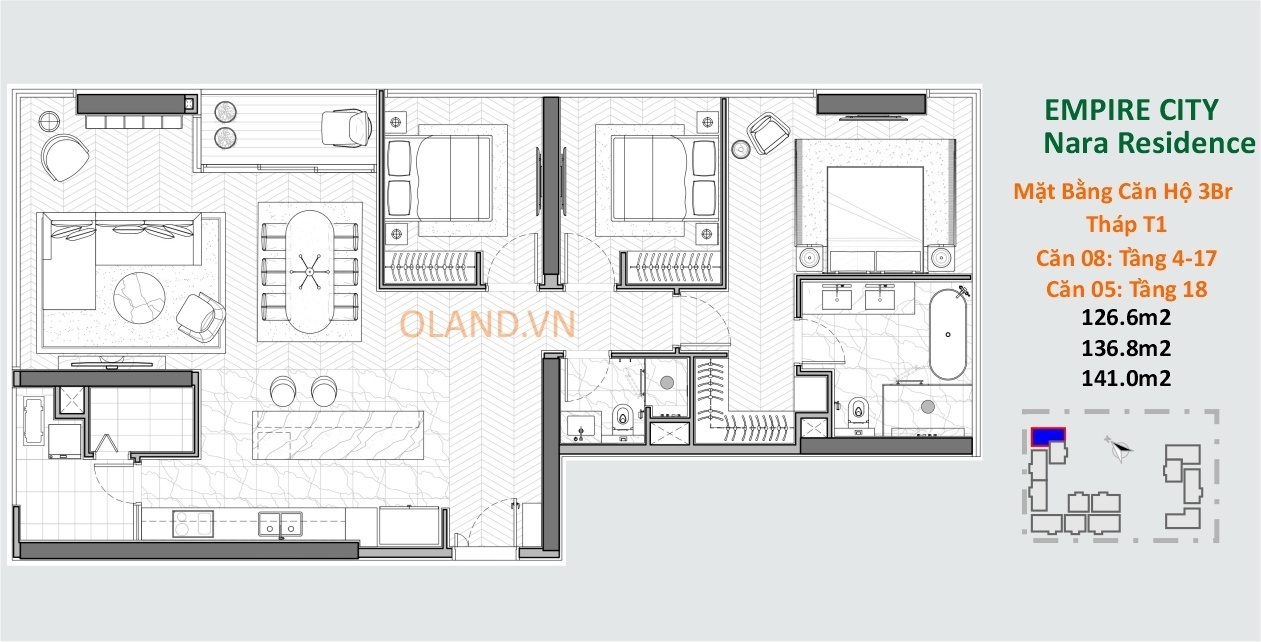 layout căn hộ 3 phòng ngủ nara residence thủ thiêm q2 tòa t1 mẫu 1