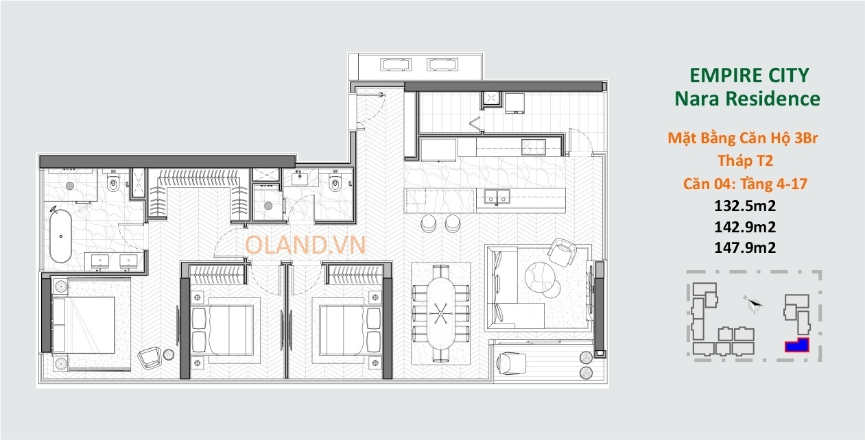 layout căn hộ 3 phòng ngủ nara residence thủ thiêm q2 tòa t2 căn 04