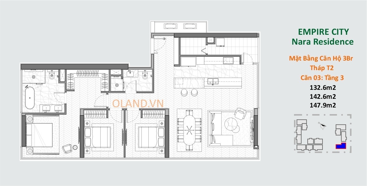 layout căn hộ 3 phòng ngủ nara residences thủ thiêm quận 2 tòa t2 căn 03
