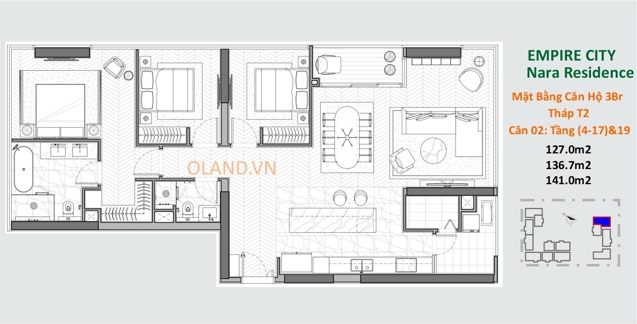 layout căn hộ 3 phòng ngủ nara residences thủ thiêm quận 2 tòa t2 mẫu 1