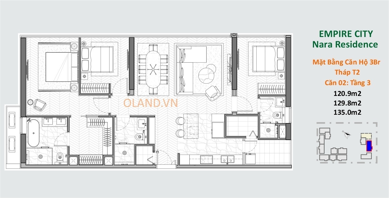 layout căn hộ 3 phòng ngủ nara residences thủ thiêm quận 2 tòa t2 mẫu 2